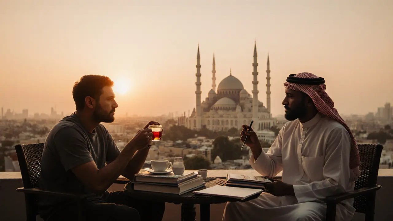 A man and a local artist sharing tea on a rooftop at sunset in Abu Dhabi, with the grand mosque in the background.