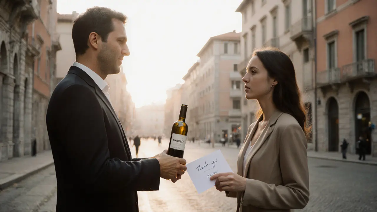 A man and woman exchanging a thoughtful farewell with a bottle of wine at dawn in Milan.