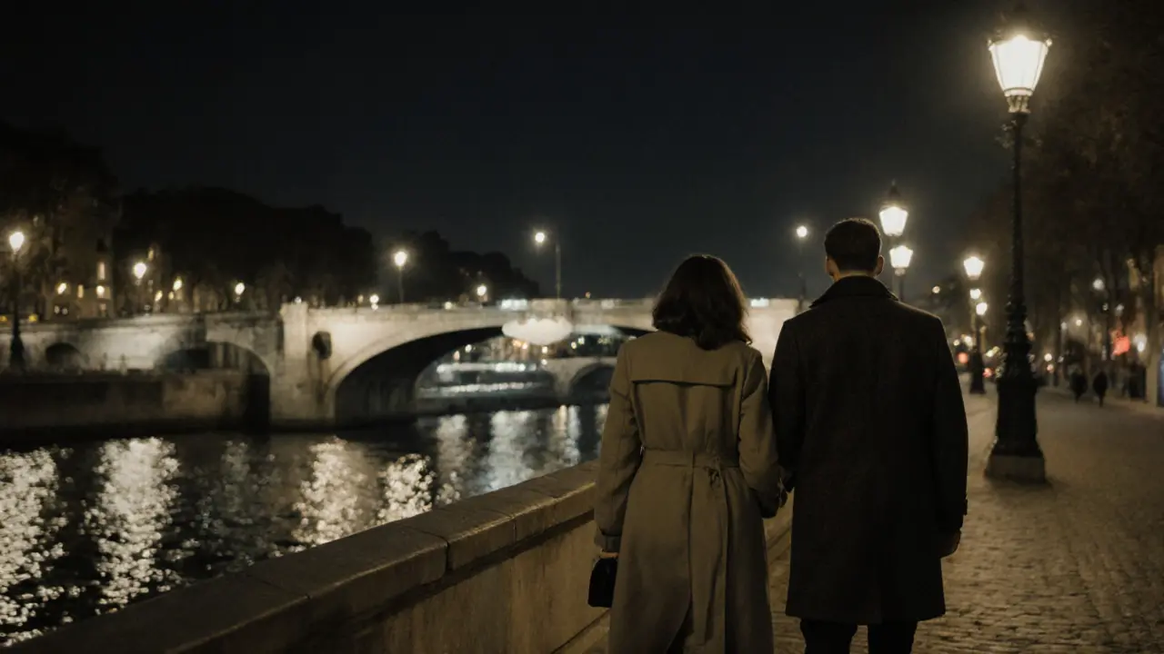 A man and woman strolling along the Seine at night under historic streetlamps.