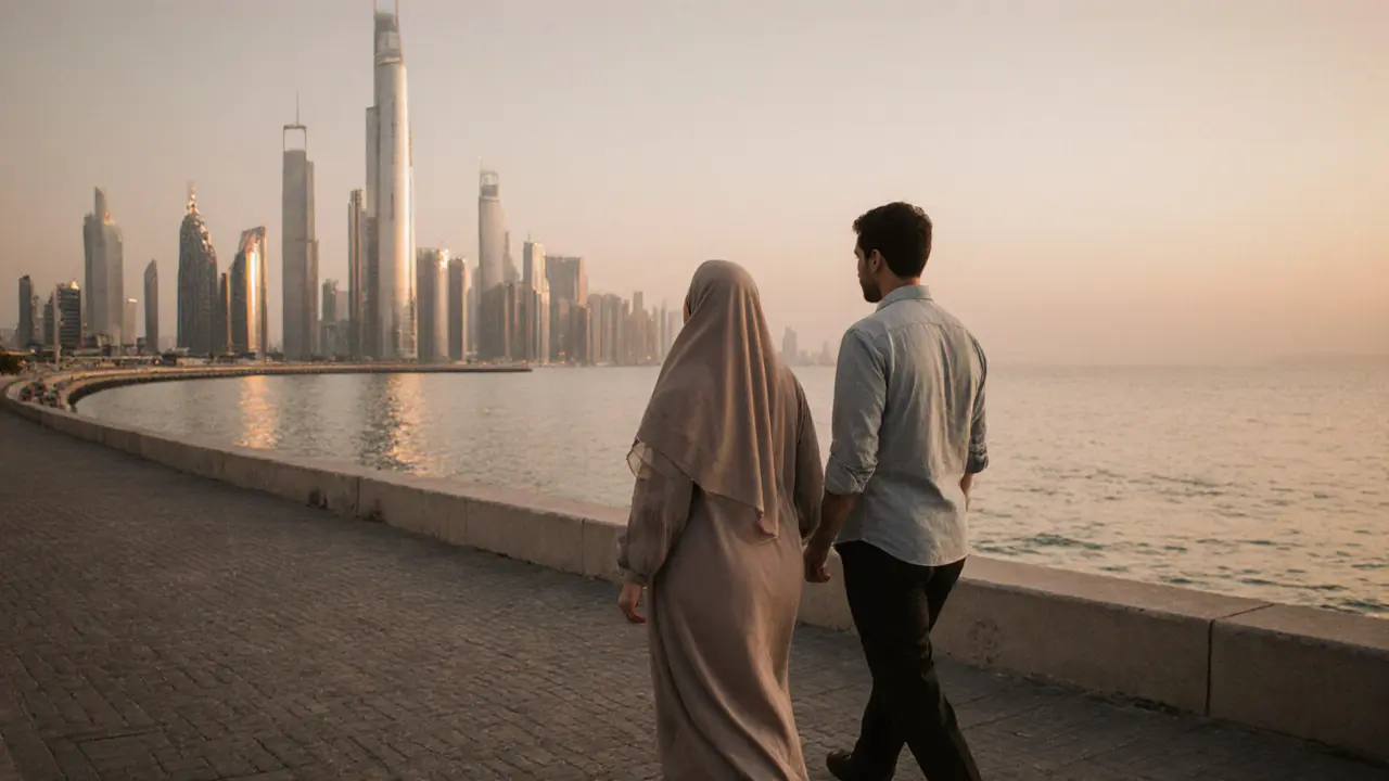 A man and woman walk peacefully along the Corniche in Abu Dhabi at dusk, city lights glowing behind them.