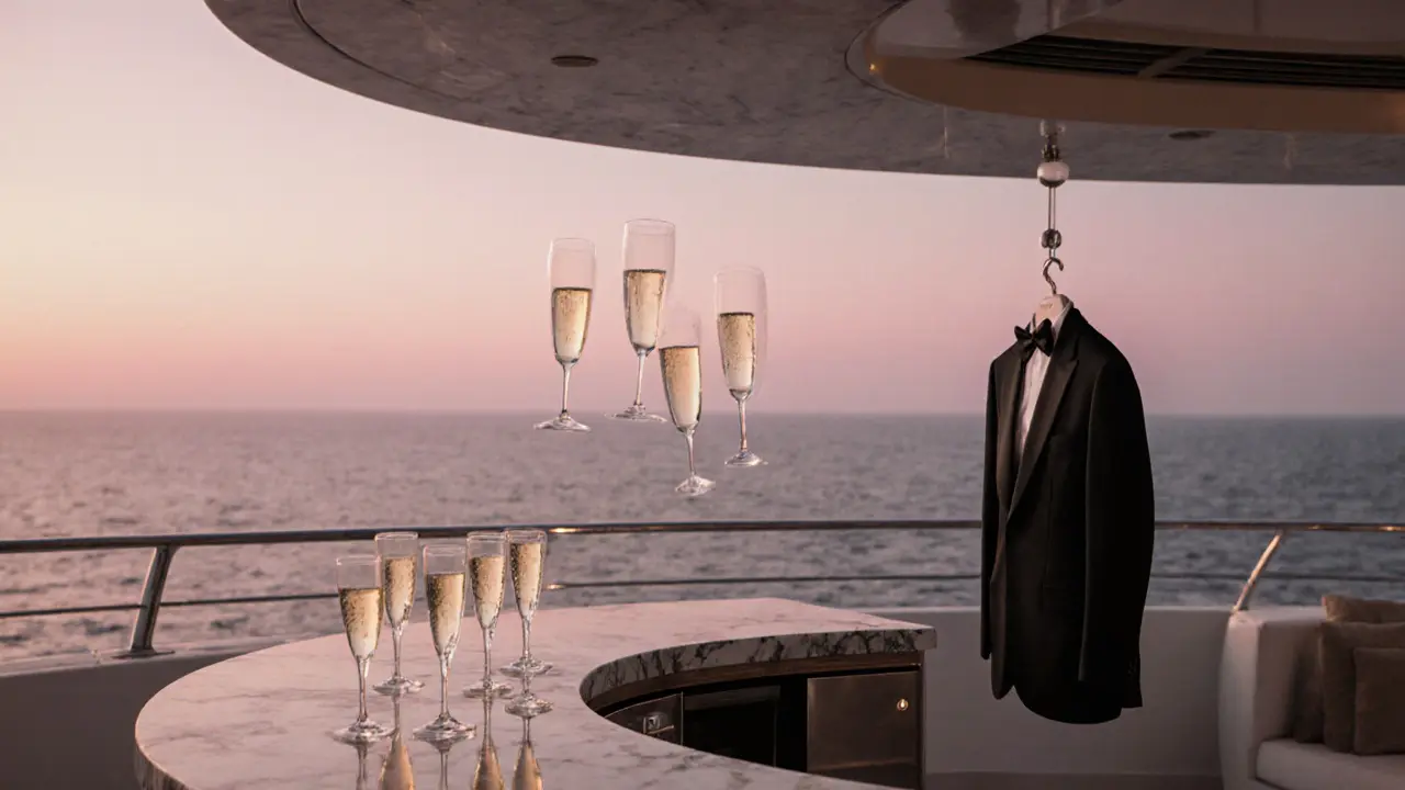 A private superyacht at dawn, empty champagne flutes floating above a marble bar, a tailored tuxedo hanging silently in the sunrise.