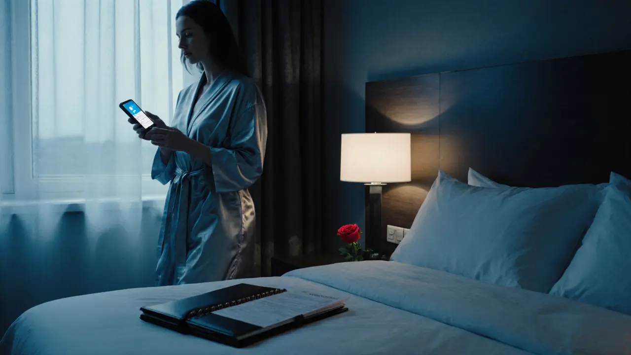 A professional escort in a hotel room with encrypted messages and health documents visible.