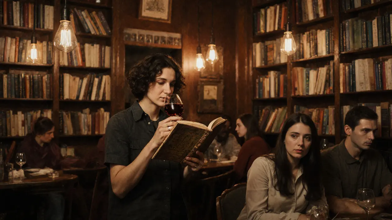A quiet literary bar with shelves of themed books and someone reading aloud over wine.
