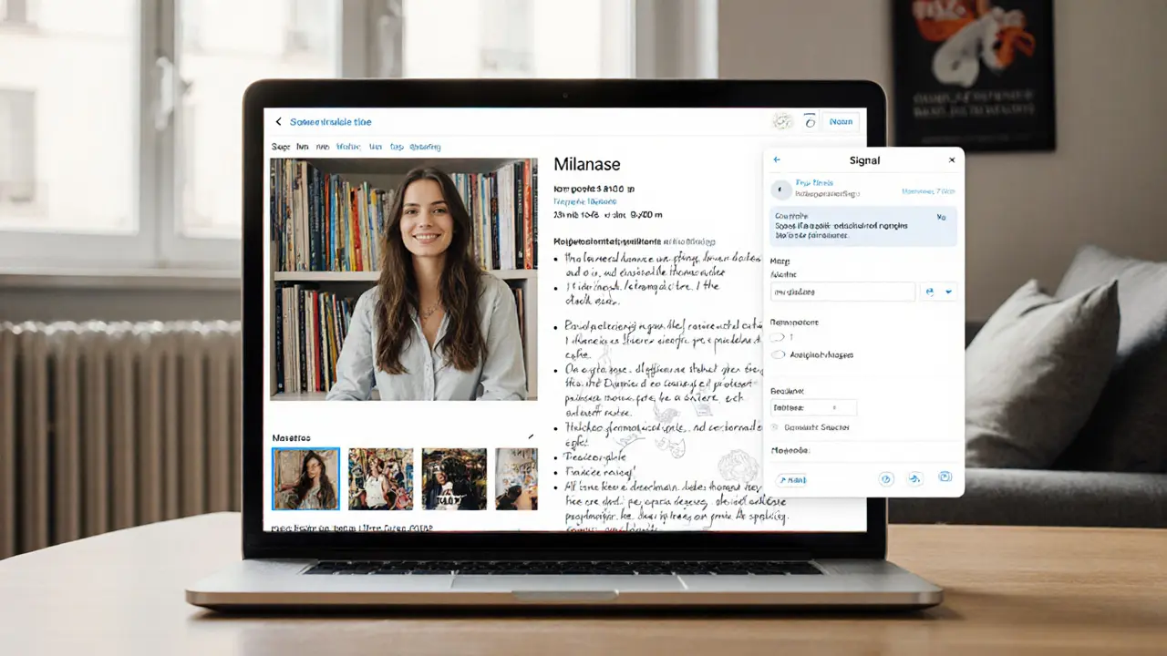 A realistic escort profile on a laptop showing authentic photos, books, and clear pricing in a cozy apartment.