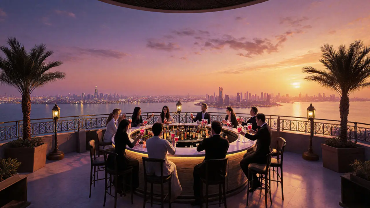 A rooftop bar at sunset with guests overlooking Abu Dhabi’s glowing skyline as the sky turns amber and violet.