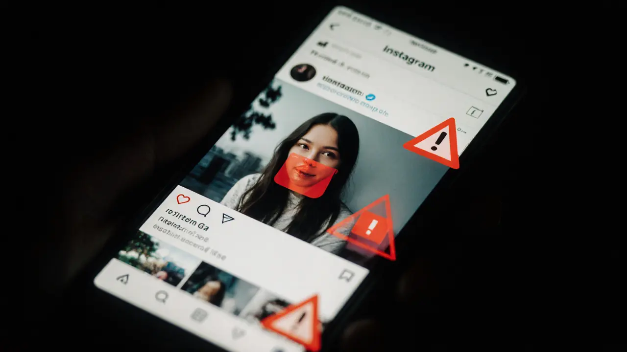 A smartphone screen showing a blurred Instagram profile with warning symbols, symbolizing online escort scams.