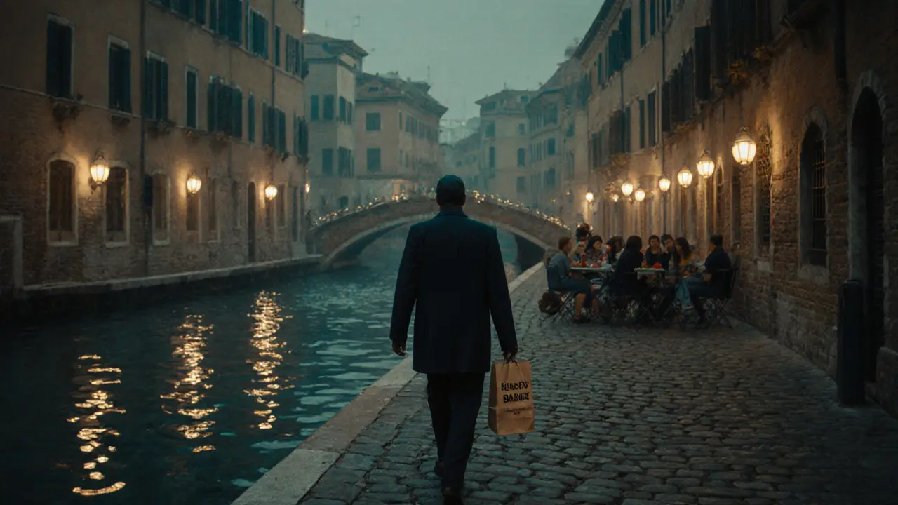 A solitary figure walks along Milan&#039;s Navigli canal at night, lantern reflections on water, quiet urban solitude, no people visible nearby.