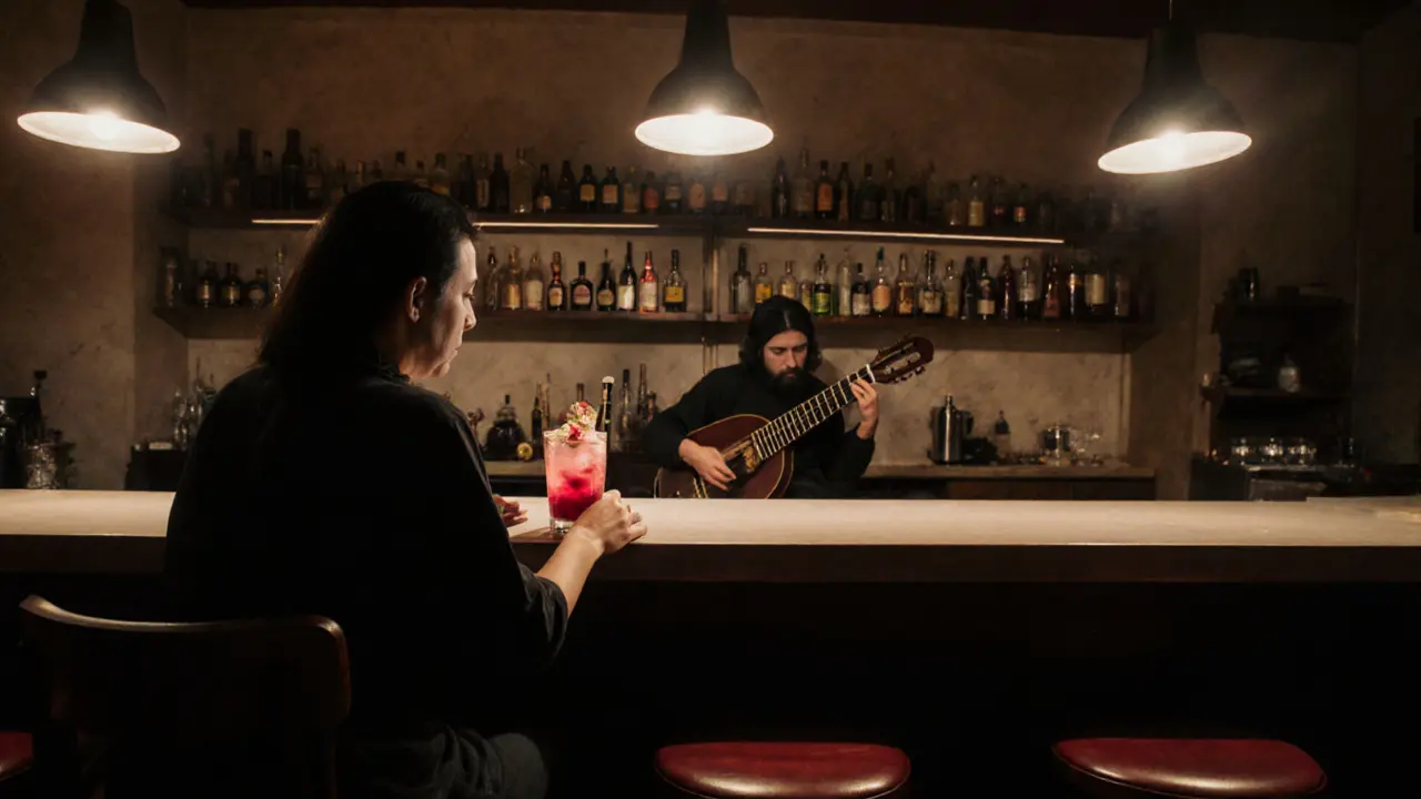 A solo traveler sipping a hibiscus mojito at a bar, live oud music in the background, warm ambient lighting.