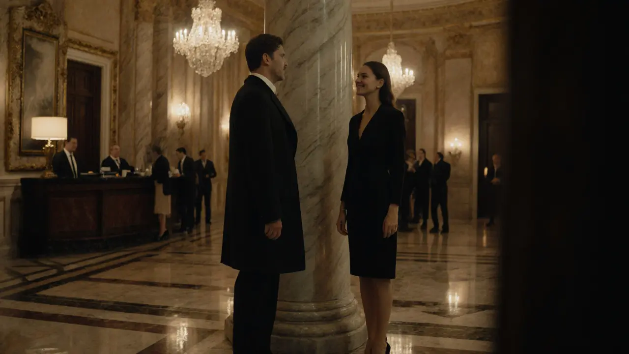 A traveler and a woman meet respectfully in a luxurious Milan hotel lobby, no physical contact, warm lighting, atmosphere of safety and civility.