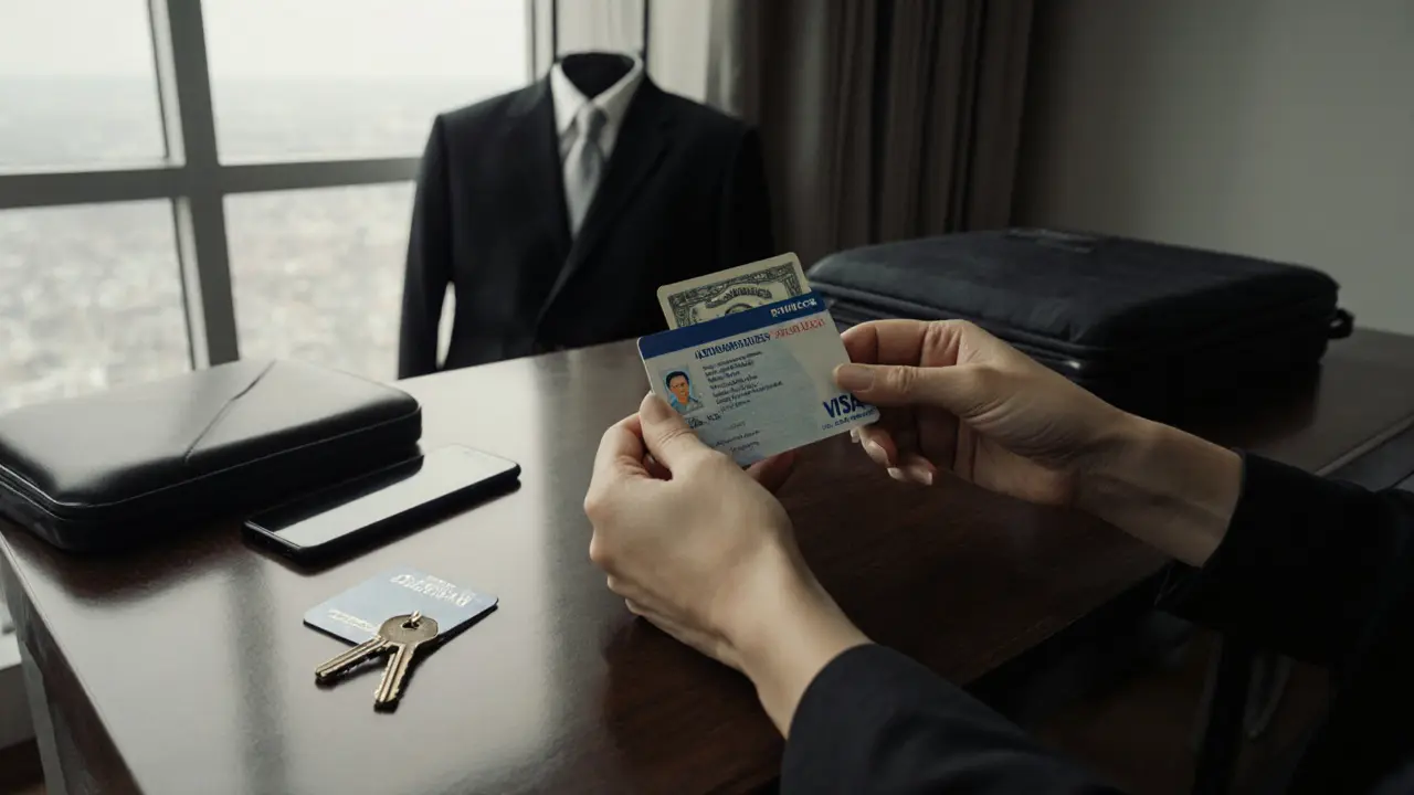 A woman&#039;s hands hold an ID and cash on a sleek desk, with a packed suitcase and dark phone nearby.