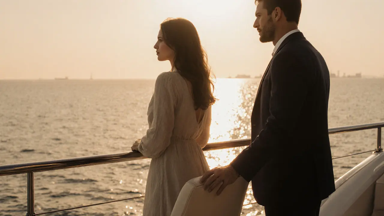 A woman and man on a yacht at sunset, standing apart yet connected by stillness and calm.