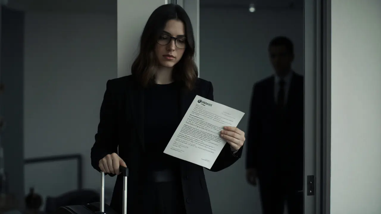 A woman in a dim apartment holding a fake job offer, with a shadowy figure watching from behind a door.