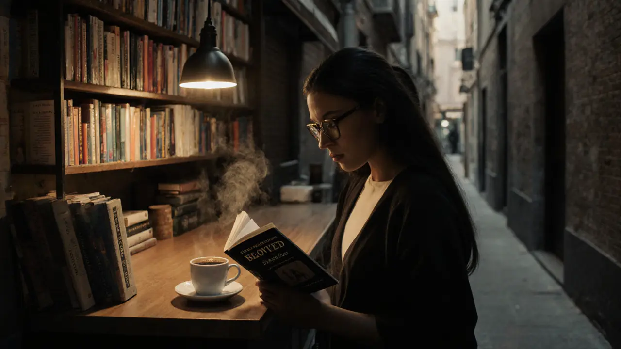 A woman standing at a coffee counter reading Toni Morrison with books all around.
