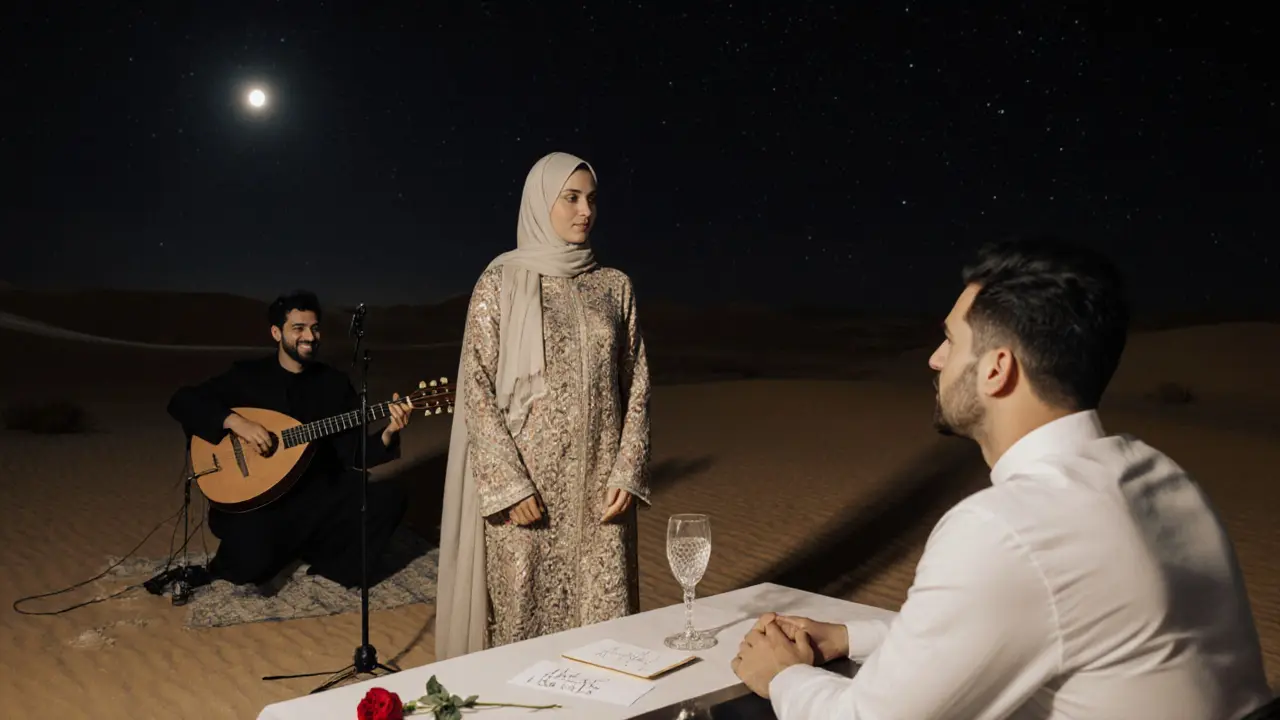 A woman stands beside a candlelit desert dinner under the stars, with an oud player in the background.