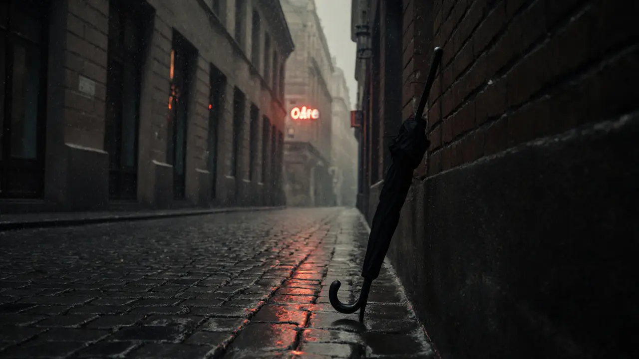 An empty Berlin alley at night with a single umbrella and shoe, hinting at unseen encounters.