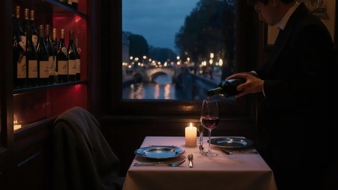 An intimate dinner in a Paris bistro, candlelight reflecting on wine and silver.