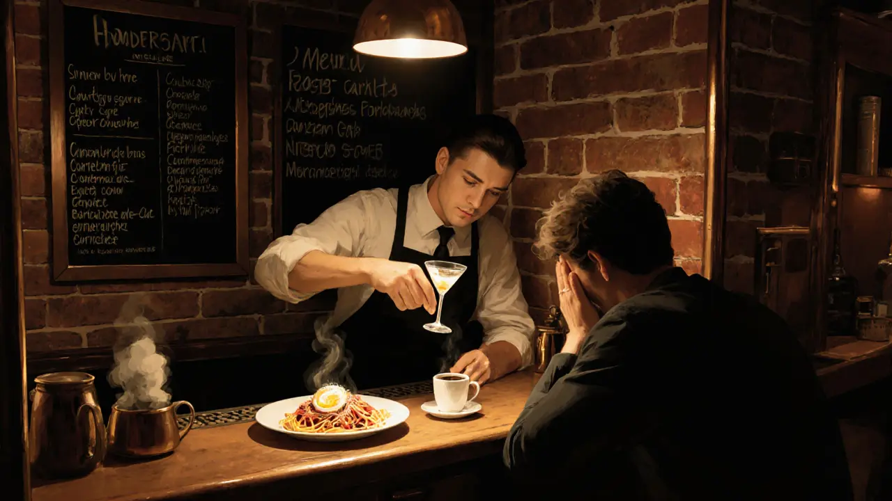 Bar Termini counter at midnight with bartender serving espresso martini and carbonara in cozy, vintage setting.