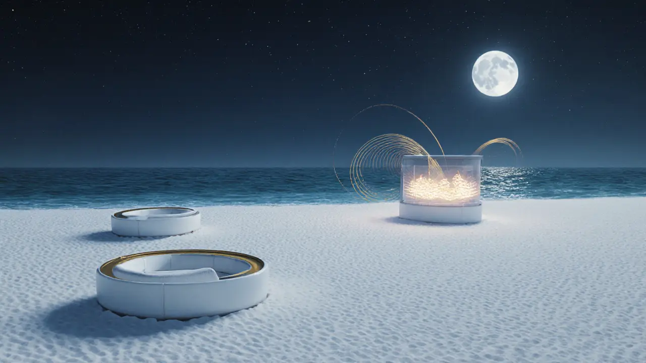 Beach club at night with floating lounges under starry sky, golden sound waves fading into ocean waves.