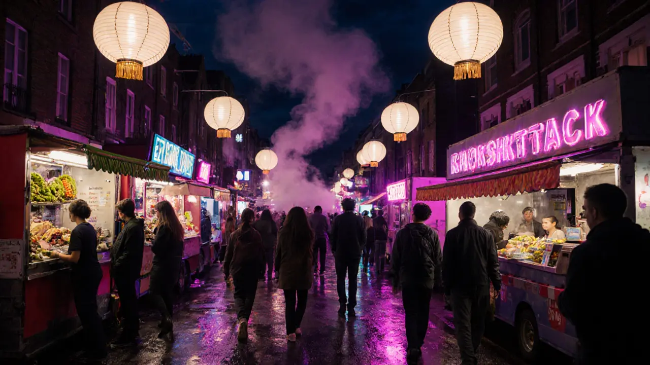 Brick Lane Night Market at 2 a.m. with glowing food stalls offering mochi, corn dogs, and vegan tacos under floating lanterns.