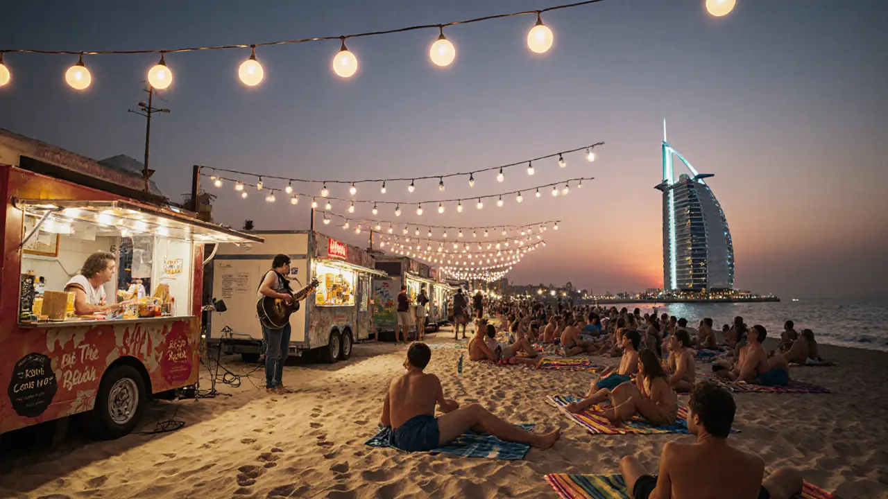 Casual crowd at The Beach at JBR watching the sunset behind Burj Al Arab, with food trucks and live acoustic music.