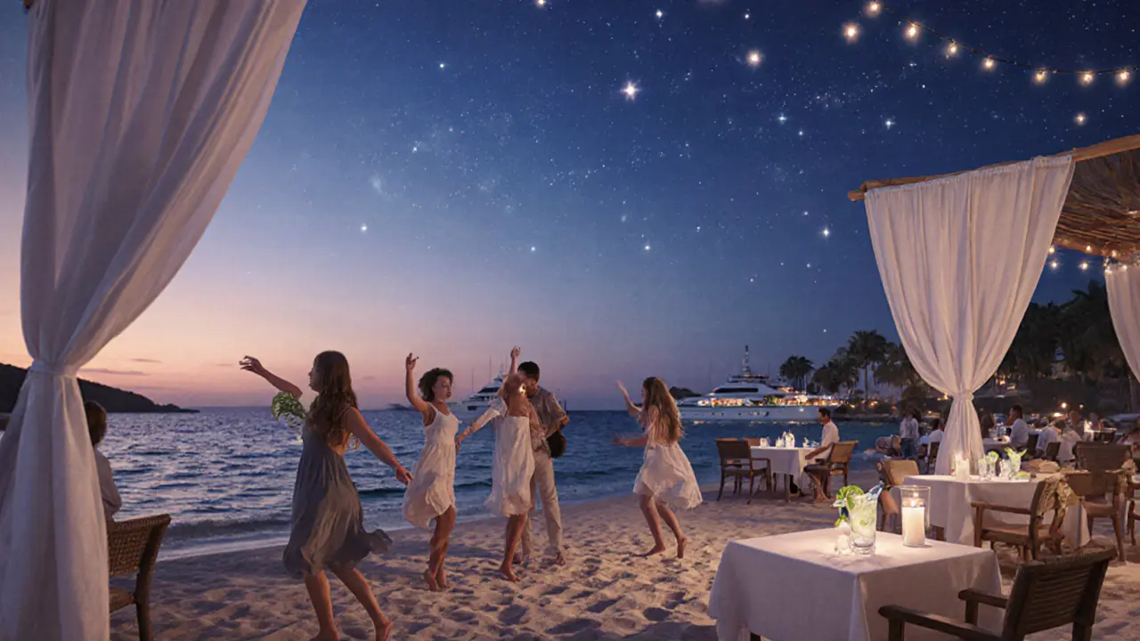 Couples dancing barefoot on a beach at Blue Bay with candlelit tables and starry sky.