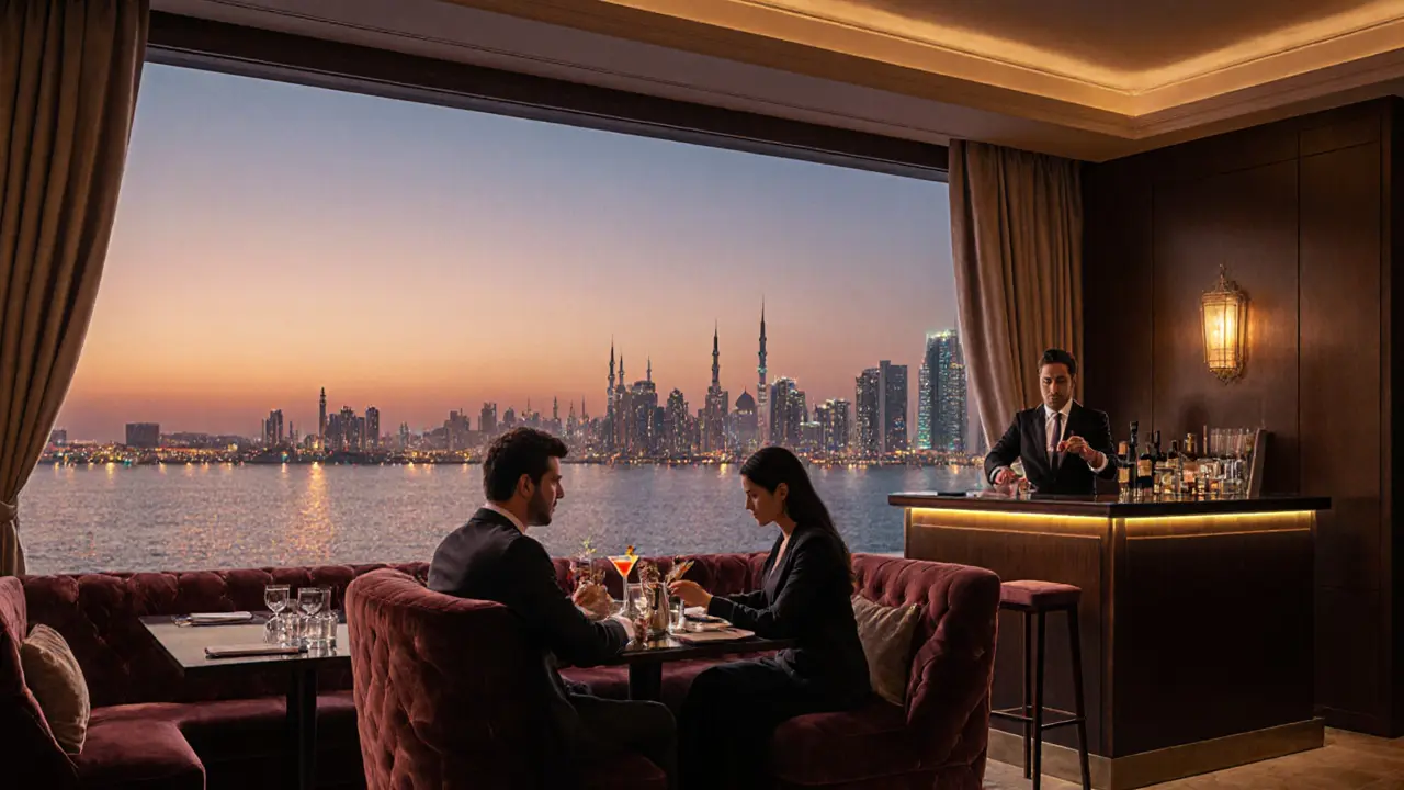 Couples enjoying cocktails on a rooftop lounge with panoramic city and gulf views at night.
