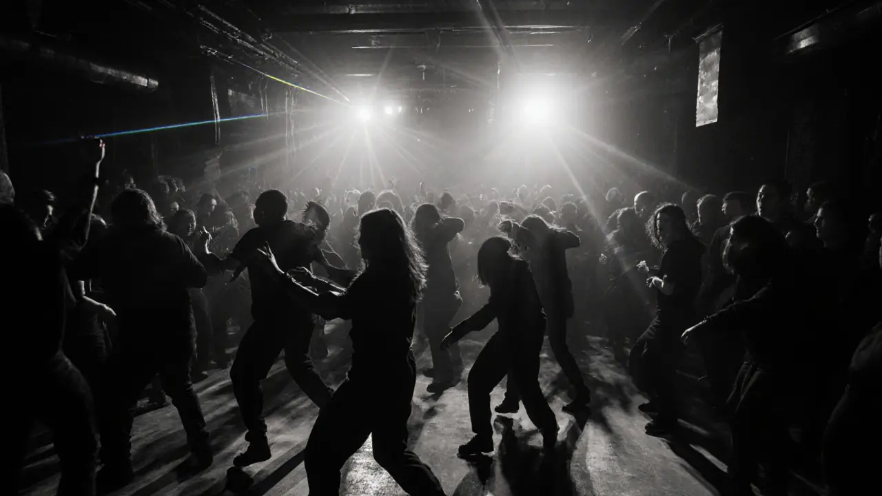 Crowd dancing in black attire under laser lights in the underground techno club Opal.