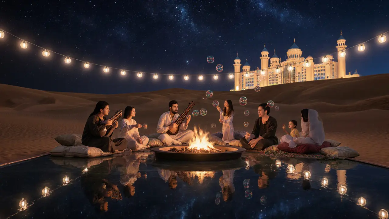 Cultural night at Al Mina Village with families, lanterns, and traditional music under the stars.