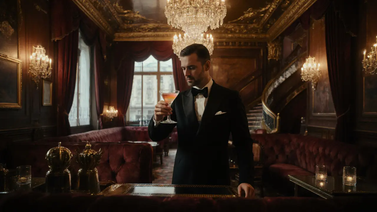 Elegant bar with crystal chandeliers and gold ceilings, bartender pouring a martini