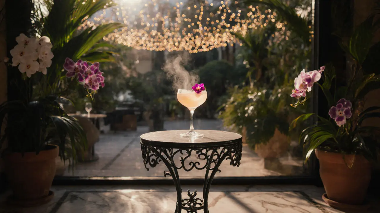 Glass greenhouse filled with plants and fairy lights, cocktail with flower floating on top