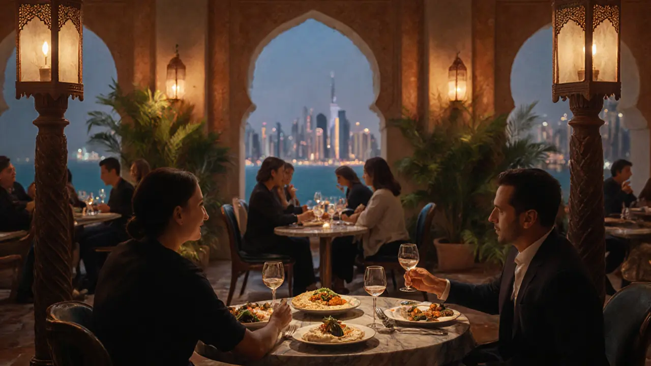 Guests sharing mezze platters in a softly lit lounge with warm ambient lighting.