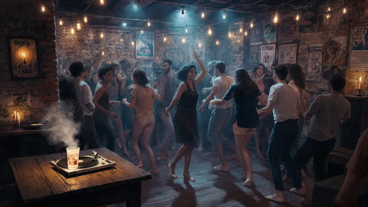 Hidden basement club in Galata with dancers under string lights, DJ spinning music in a vintage brick space.