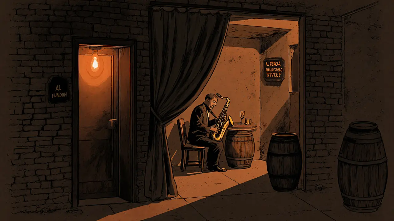 Hidden jazz bar doorway in Dubai with amber light glowing behind a velvet curtain, saxophone player inside.