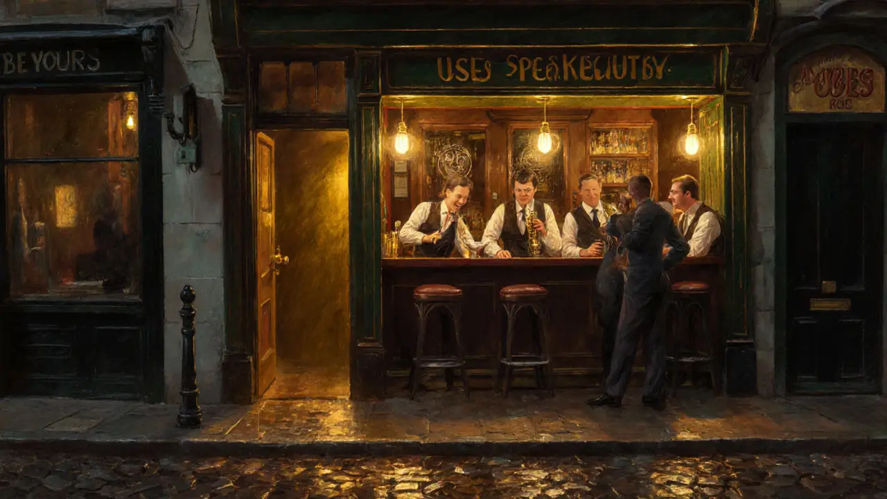 Hidden jazz bar in a Soho alley with warm light spilling from an unmarked door.