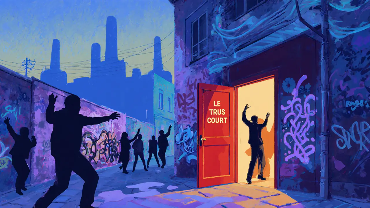 Hidden underground bar in Belleville with a glowing red door and abstract sound waves surrounding dancers in the alley.