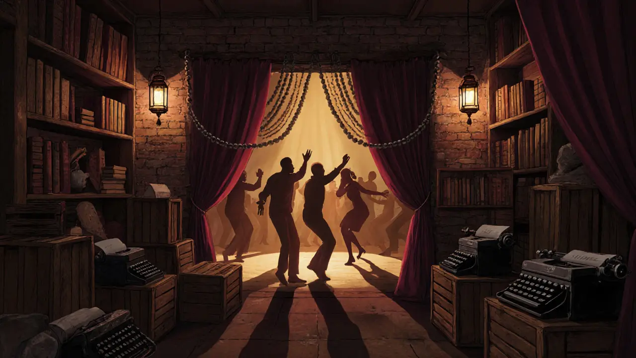 Hidden venue with lanterns and vintage decor, people dancing behind beaded curtains.