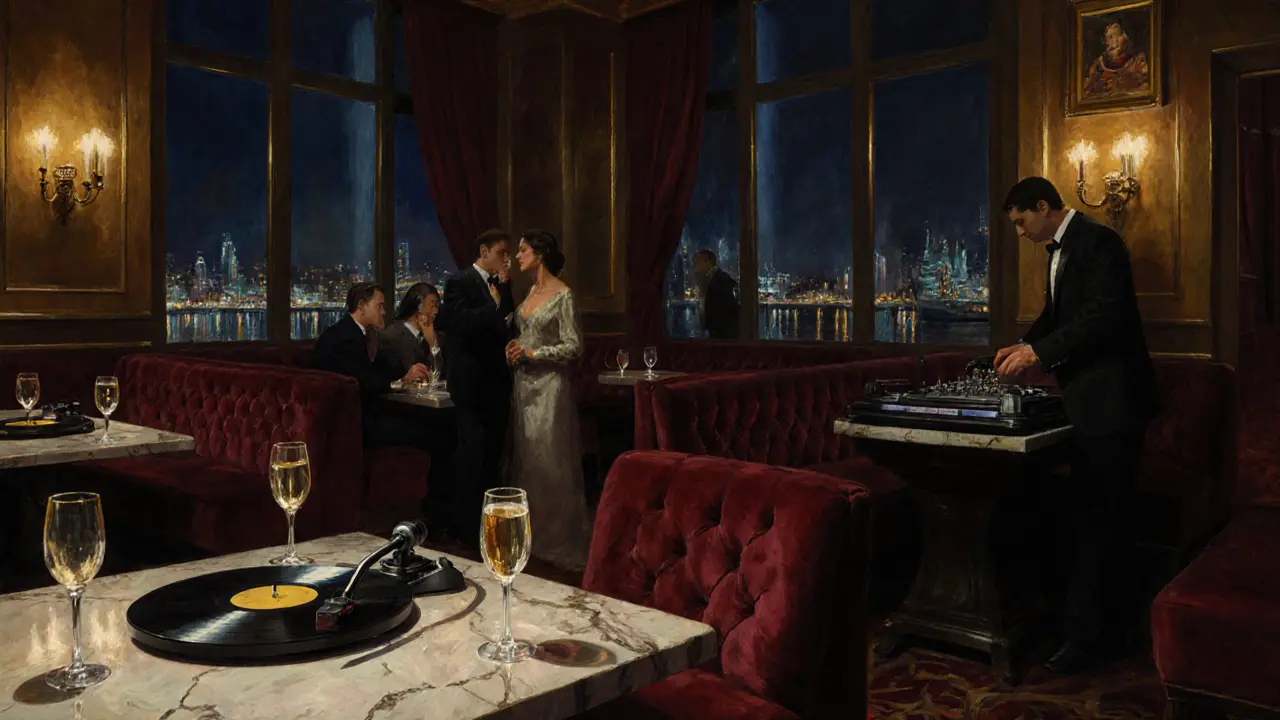 Interior of Le Club 55 at midnight: velvet booths, glowing champagne glasses, and a vinyl record spinning under low golden light.