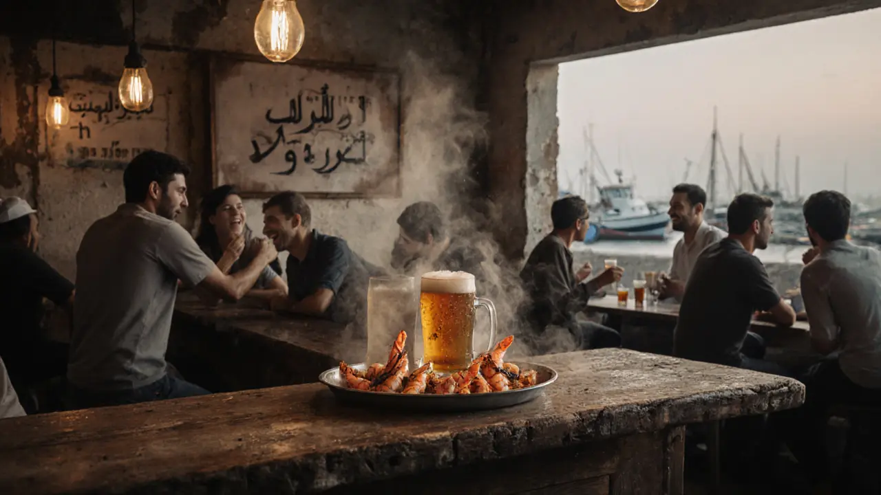 Local patrons at a modest seaside bar with grilled shrimp and draft beers in the evening.