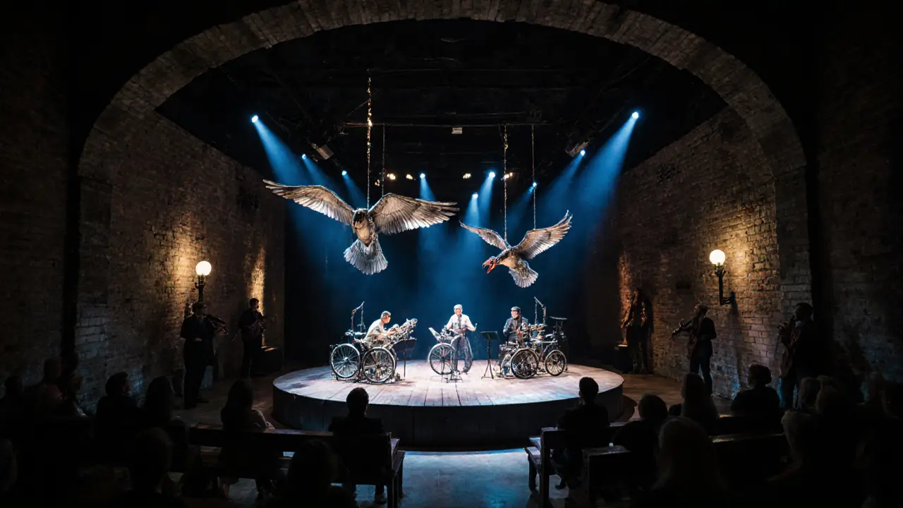 Mechanical puppet show under a circular stage with glowing steel birds overhead.