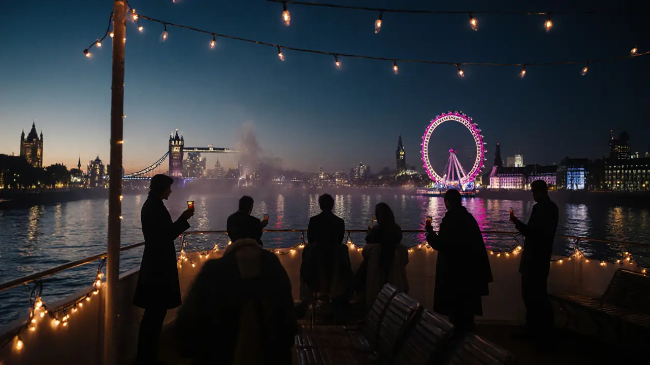 Midnight Thames cruise with London skyline glowing on dark water at dawn.