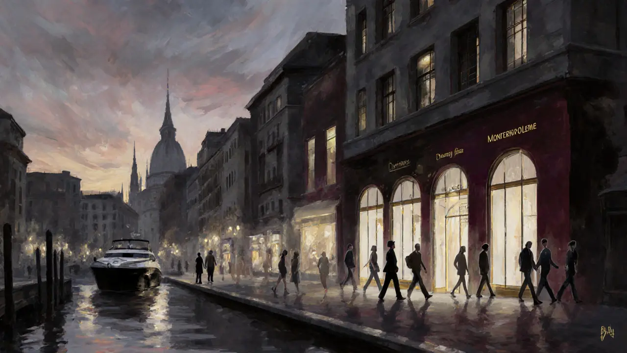 Milan’s skyline at twilight with faint silhouettes of discreet companions moving through luxury districts.