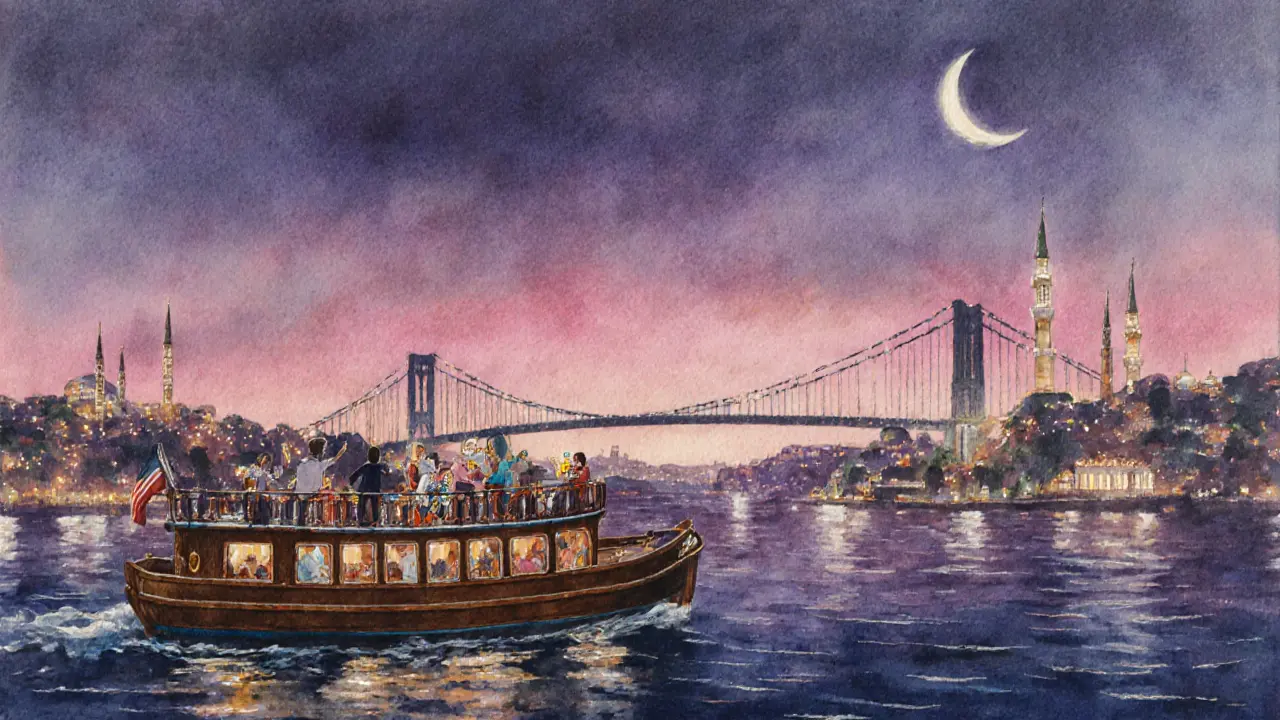 Night cruise on the Bosphorus at dawn, boat gliding past illuminated towers as sky turns pink and purple.