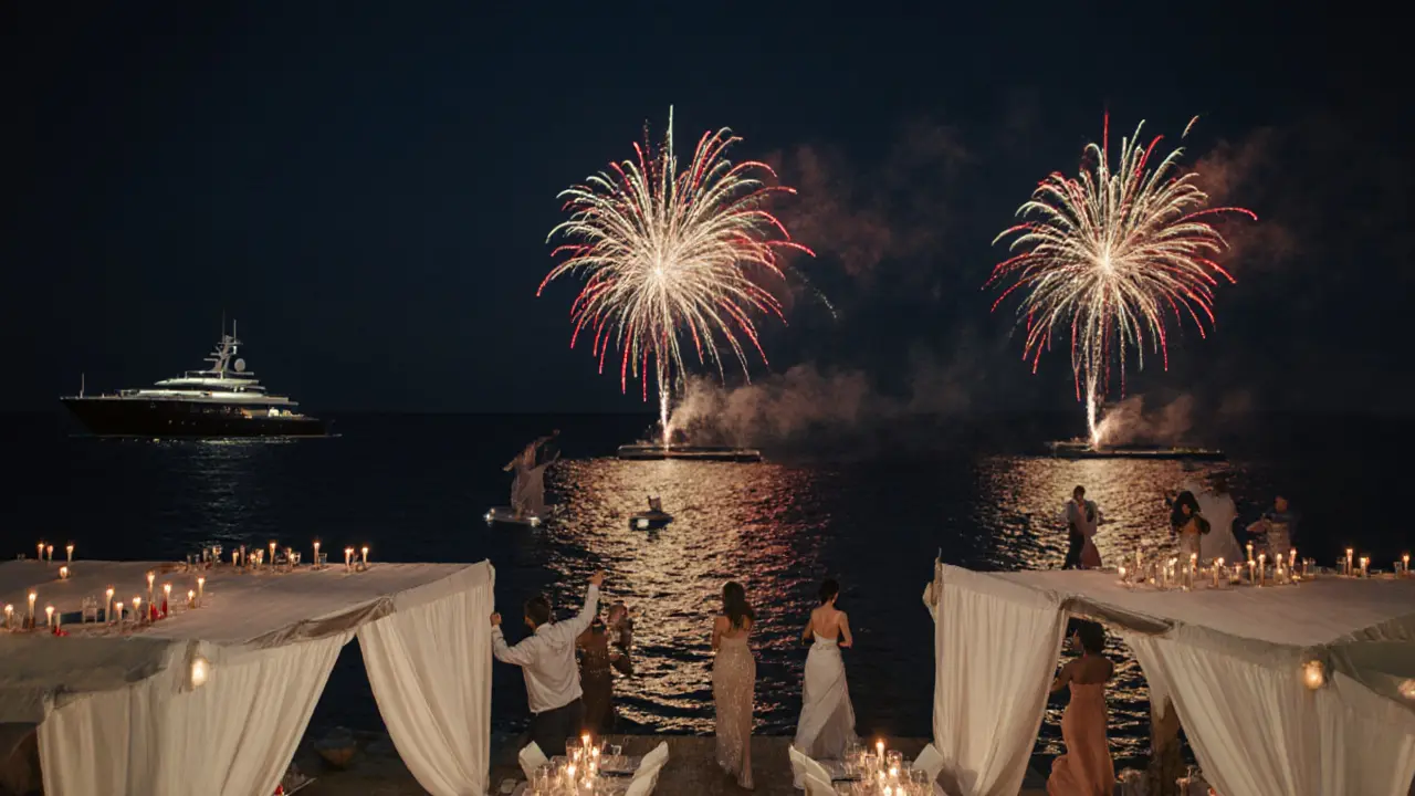 Nighttime beach club with candlelit tables, dancers on floating platforms, and fireworks over the Mediterranean.