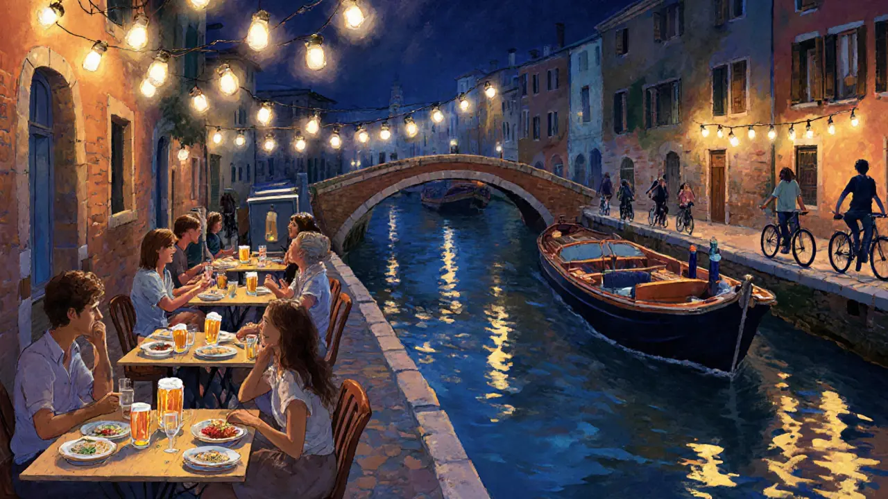 Nighttime scene in Navigli with string-lit canals, outdoor beer tables, and a pop-up DJ under fairy lights.