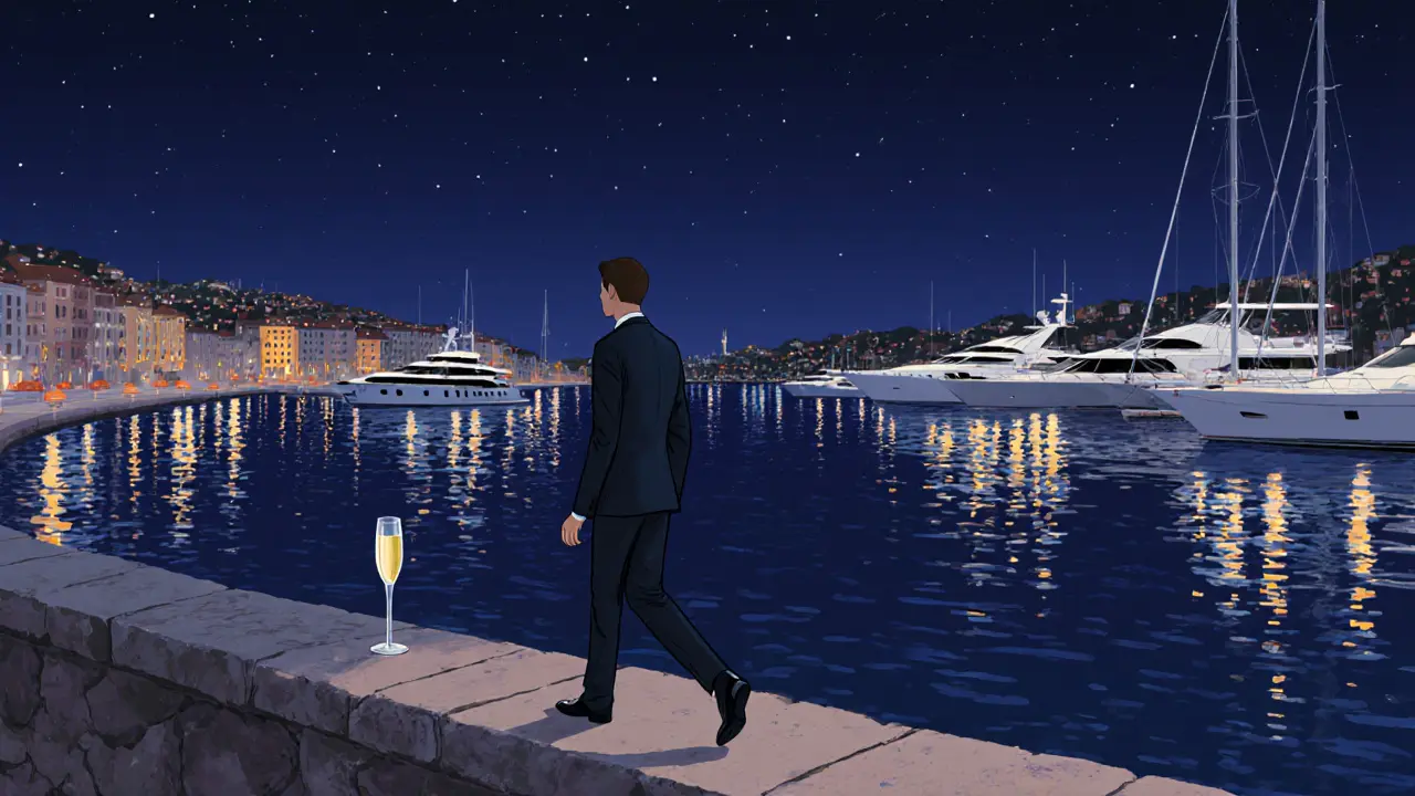 Silhouette walking along a glittering harbor at night, champagne flute nearby, calm water reflecting city lights.