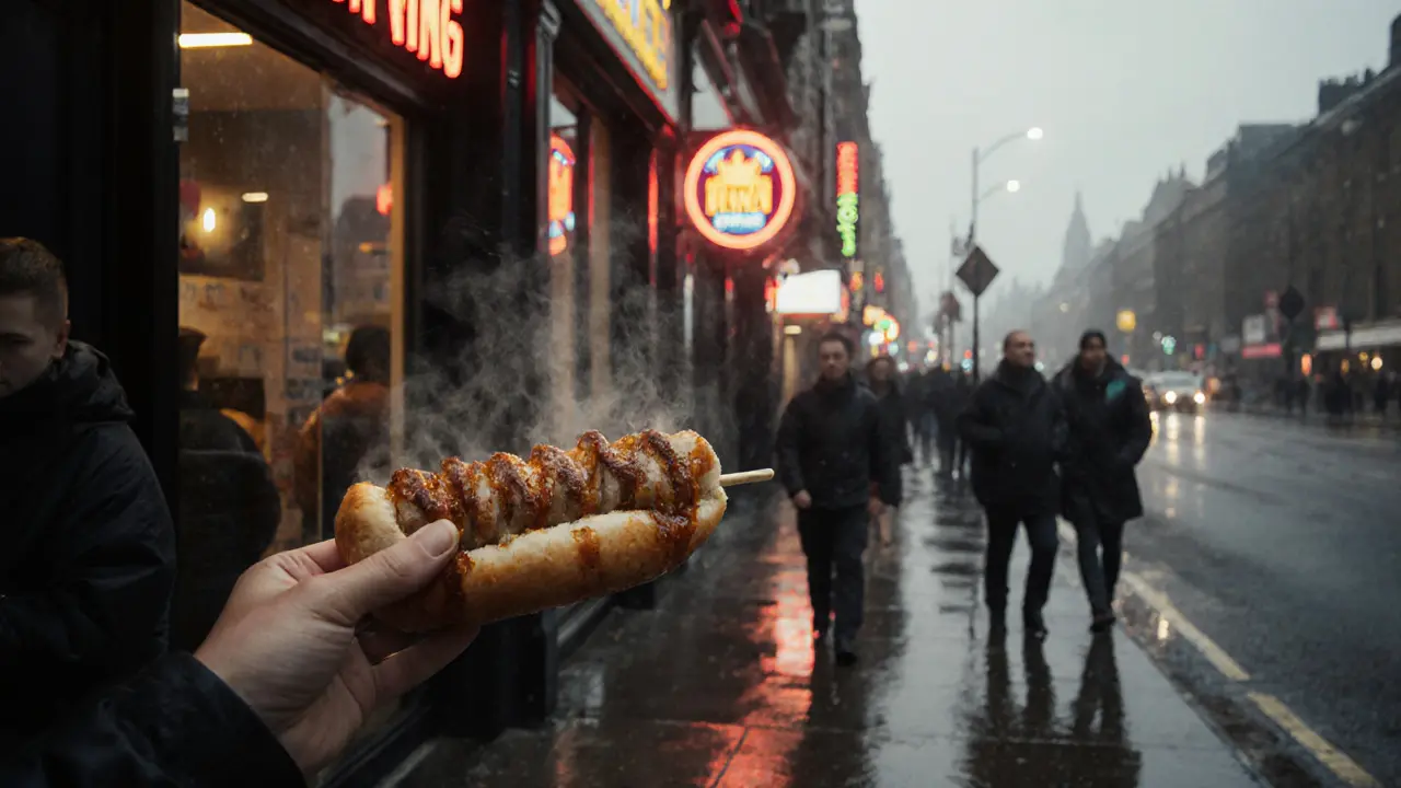 Steaming kebab at 4 a.m. in Camden, rain-slicked street and neon signs in background