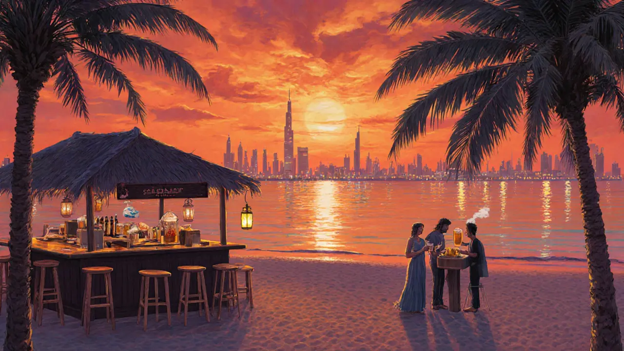 Tranquil twilight at Al Sufouh Beach with a small beach bar reflecting fiery skies on calm water.