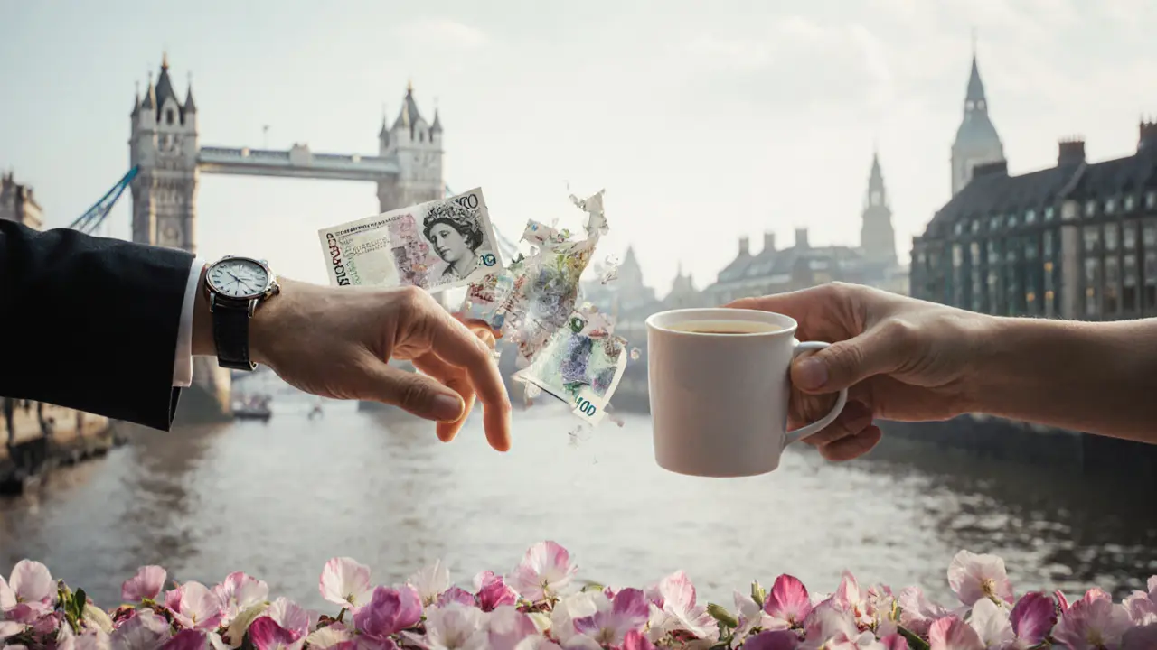 Two hands reaching across dissolving money turning into petals, symbolizing trust beyond payment.
