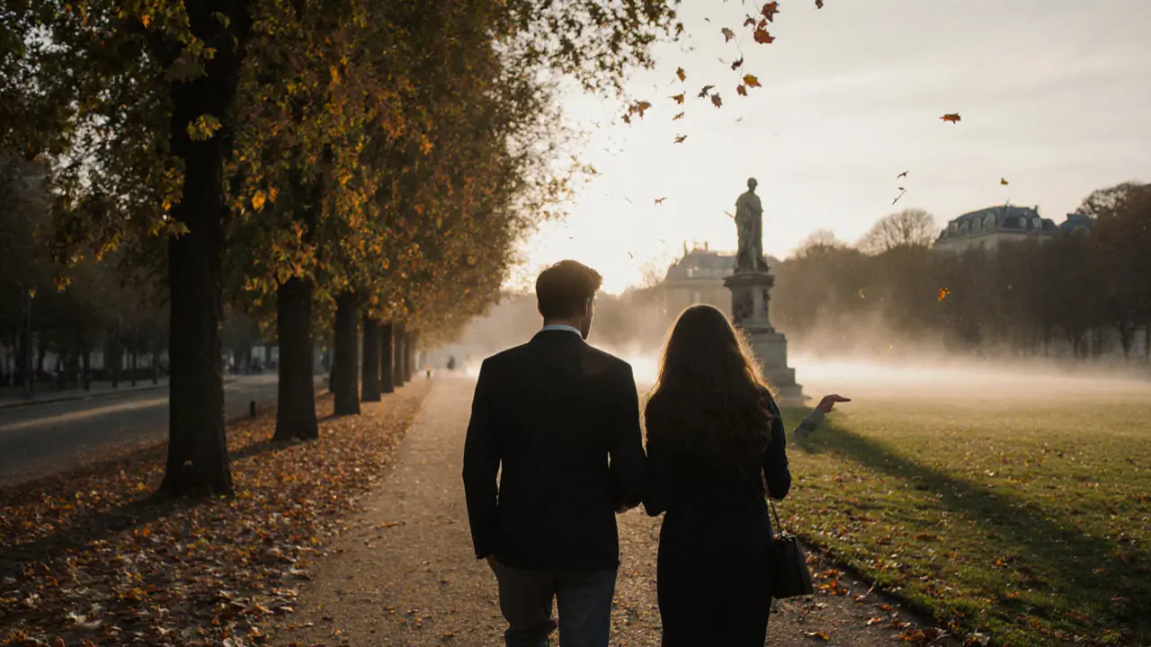 Two people walking peacefully through Luxembourg Gardens at dawn.