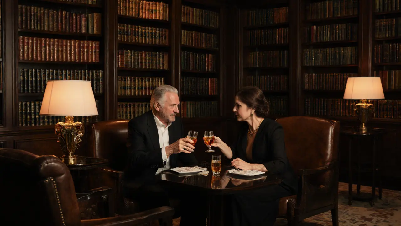 Two well-dressed individuals sharing a quiet drink in a luxurious library-style bar.